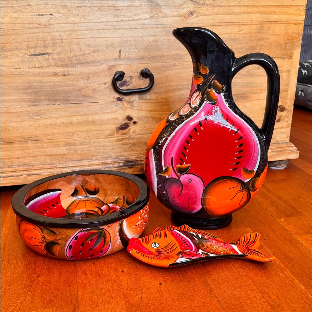 Handcrafted Ceramic Art Set - Black, Red, and Orange
